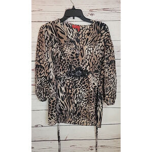 Tape Measure Brown Leopard V-Neck Sequin Beaded 3/4 Sleeve Top Women's Sz Medium